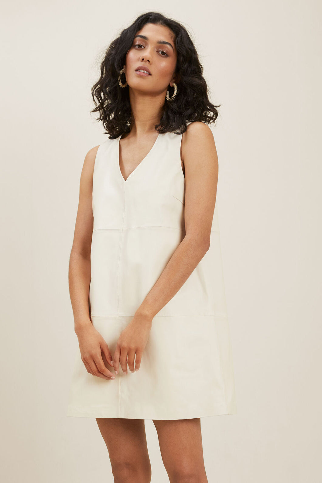 New Arrival V - Neck Solid Asymmetric Leather Dress Attractive White Color Women's Casual Wear Leather Short Dress